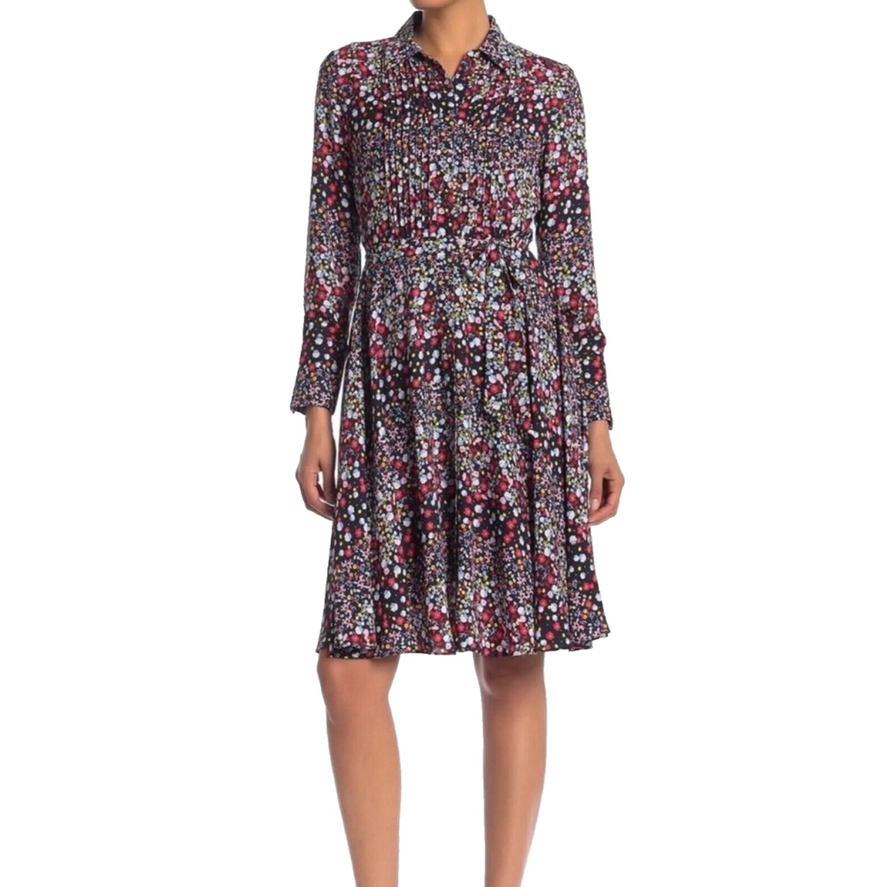 Nanette Lepore Navy Floral Pintuck Shirt Dress Size 4